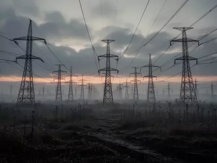 Hochspannungsmasten, die sich durch eine neblige, verlassene Landschaft erstrecken. - Foto: über boerse-global.de
