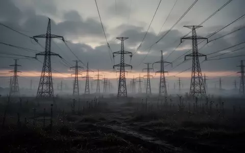 Hochspannungsmasten, die sich durch eine neblige, verlassene Landschaft erstrecken. - Foto: über boerse-global.de