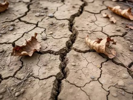 Trockener, rissiger Waldboden in einem herbstlichen Wald, der durch anhaltende Dürre ausgetrocknet ist. - Foto: über boerse-global.de