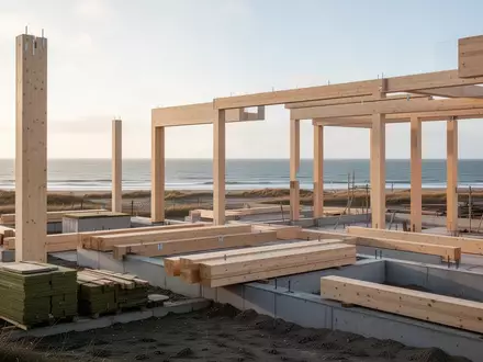 Baustelle für ein nachhaltiges Wohn- und Gewerbeprojekt auf Sylt mit Holzbau-Elementen in einer flachen Küstenlandschaft. - Foto: über boerse-global.de