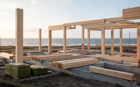 Baustelle für ein nachhaltiges Wohn- und Gewerbeprojekt auf Sylt mit Holzbau-Elementen in einer flachen Küstenlandschaft. - Foto: über boerse-global.de