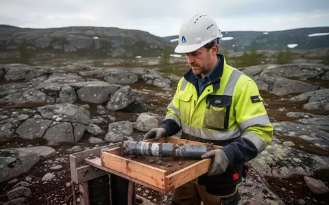Geologe untersucht Gesteinsproben aus Bohrkernen in einer schwedischen Bergbaulandschaft. - Foto: über boerse-global.de