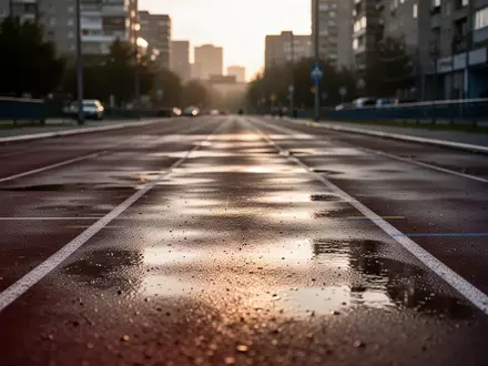 Eine leere, nasse Asphaltstrecke einer Marathonstrecke in einer Stadt bei Morgendämmerung. - Foto: über boerse-global.de