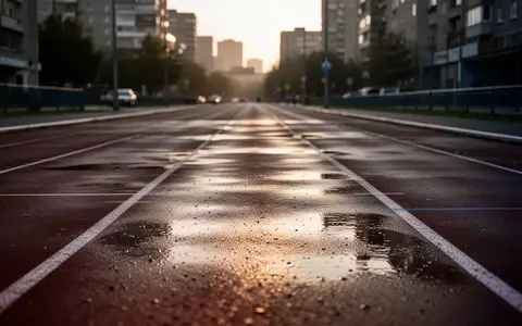 Eine leere, nasse Asphaltstrecke einer Marathonstrecke in einer Stadt bei Morgendämmerung. - Foto: über boerse-global.de