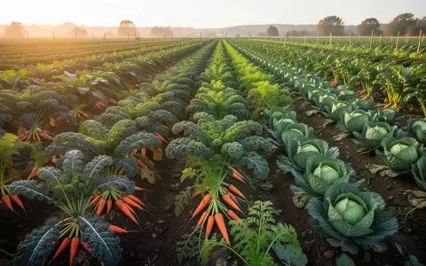 Ein üppiges Gemüsefeld bei Sonnenuntergang mit reifen Ernteprodukten in Reihen auf fruchtbarem Boden. - Foto: über boerse-global.de