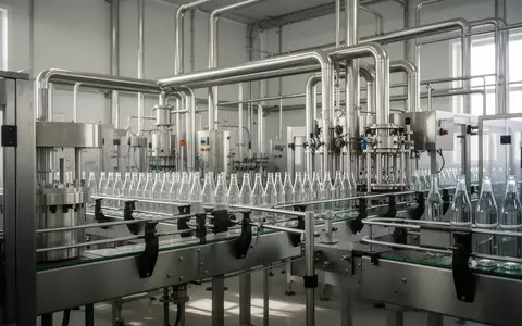 Industrielle Abfüllanlage in einer modernen Getränkefabrik mit Edelstahlrohren und Maschinen in einer hellen Halle. - Foto: über boerse-global.de