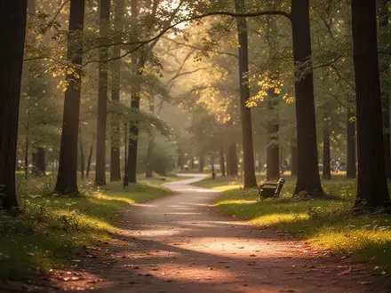 Ein ruhiger, sonnendurchfluteter Waldweg in einem Park bei Sonnenuntergang als Symbol für Bewegung und Entspannung. - Foto: über boerse-global.de