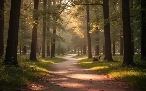 Ein ruhiger, sonnendurchfluteter Waldweg in einem Park bei Sonnenuntergang als Symbol für Bewegung und Entspannung. - Foto: über boerse-global.de