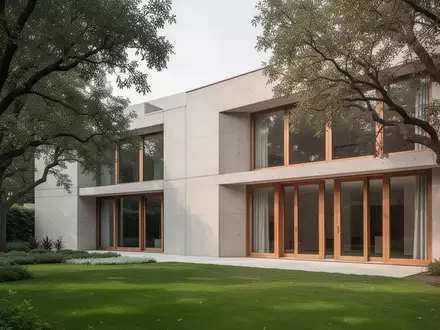Modernes Architekturgebäude mit großen Fensterfronten und einer umliegenden Gartenanlage bei Tageslicht. - Foto: über boerse-global.de