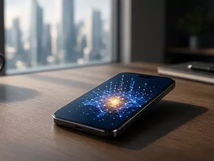 Ein Smartphone auf einem Schreibtisch zeigt eine abstrakte digitale Darstellung von Blockchain-Finanznetzwerken. - Foto: ĂĽber boerse-global.de