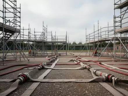 Übungsplatz mit Stahlgerüsten und ausgerollten Feuerwehrschläuchen auf einem Schotterplatz bei Tageslicht. - Foto: über boerse-global.de