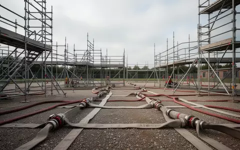 Übungsplatz mit Stahlgerüsten und ausgerollten Feuerwehrschläuchen auf einem Schotterplatz bei Tageslicht. - Foto: über boerse-global.de