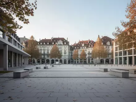 Ein leerer, moderner öffentlicher Platz in einer Schweizer Stadt mit klarer Architektur und gepflasterten Flächen. - Foto: über boerse-global.de