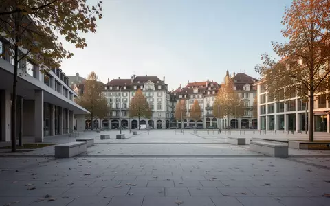 Ein leerer, moderner öffentlicher Platz in einer Schweizer Stadt mit klarer Architektur und gepflasterten Flächen. - Foto: über boerse-global.de
