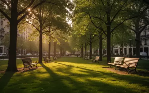 Ein ruhiger, leerer Stadtpark mit grünen Wiesen und Holzbänken unter Bäumen bei sanftem Sonnenlicht. - Foto: über boerse-global.de