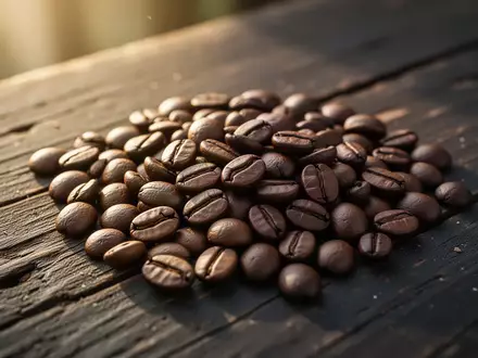Nahaufnahme von gerösteten Kaffeebohnen auf einer rustikalen Holzoberfläche in warmem Morgenlicht. - Foto: über boerse-global.de