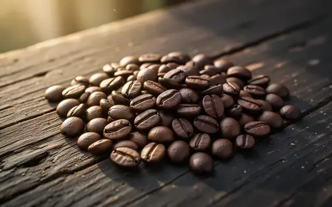 Nahaufnahme von gerösteten Kaffeebohnen auf einer rustikalen Holzoberfläche in warmem Morgenlicht. - Foto: über boerse-global.de