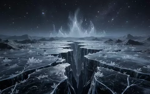 Eine eisige, zerklüftete Mondlandschaft mit tiefen Gletscherspalten und einem aufsteigenden Eiskristall-Geysir vor Sternenhimmel. - Foto: über boerse-global.de