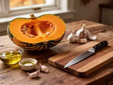 Ein halber Hokkaido-Kürbis, Knoblauch und Olivenöl auf einem rustikalen Holztisch in einer hellen Küche. - Foto: über boerse-global.de