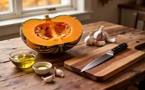 Ein halber Hokkaido-Kürbis, Knoblauch und Olivenöl auf einem rustikalen Holztisch in einer hellen Küche. - Foto: über boerse-global.de