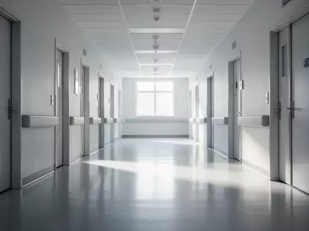 Ein leerer, heller Krankenhausflur mit glänzenden Böden und weiß gestrichenen Wänden. - Foto: über boerse-global.de