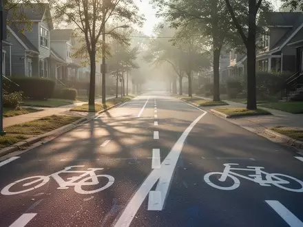 Eine ruhige, sonnige Wohnstraße mit einem gut ausgebauten Fahrradweg am frühen Morgen. - Foto: über boerse-global.de