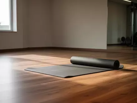 Eine leere Sportmatte auf einem hochwertigen Holzboden in einem hellen, ruhigen Fitnessraum. - Foto: über boerse-global.de