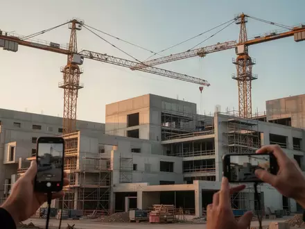 Eine Baustelle für ein großes Klinikgebäude mit Kränen und Stahlgerüsten im Sonnenlicht. - Foto: über boerse-global.de