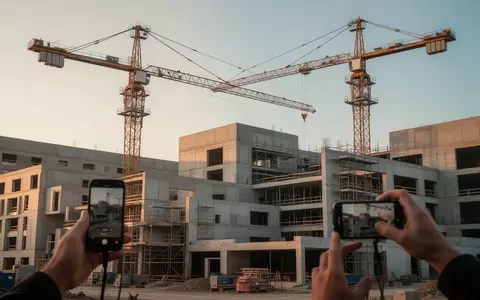 Eine Baustelle für ein großes Klinikgebäude mit Kränen und Stahlgerüsten im Sonnenlicht. - Foto: über boerse-global.de
