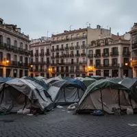 Zeltlager von Demonstranten auf einem städtischen Platz in Spanien vor historischen Wohngebäuden. - Foto: über boerse-global.de