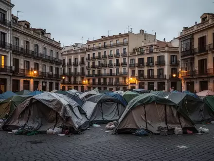 Zeltlager von Demonstranten auf einem städtischen Platz in Spanien vor historischen Wohngebäuden. - Foto: über boerse-global.de