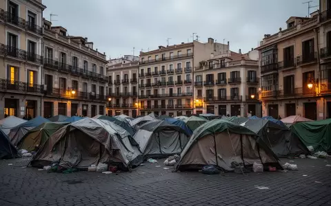 Zeltlager von Demonstranten auf einem städtischen Platz in Spanien vor historischen Wohngebäuden. - Foto: über boerse-global.de