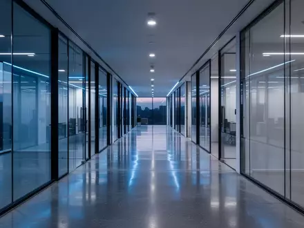 Ein moderner, minimalistischer Büroflur mit Glaswänden und reflektierenden Böden in gedimmtem Licht. - Foto: über boerse-global.de