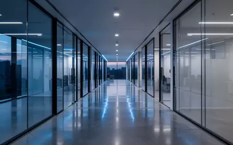 Ein moderner, minimalistischer Büroflur mit Glaswänden und reflektierenden Böden in gedimmtem Licht. - Foto: über boerse-global.de