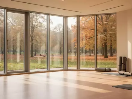 Ein heller, minimalistischer Bewegungsraum mit Holzboden und Blick in einen herbstlichen Park, ohne Personen oder Geräte. - Foto: über boerse-global.de