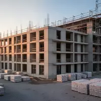 Rohbau eines modernen Wohngebäudes auf einer Baustelle bei Tagesanbruch - Foto: über boerse-global.de