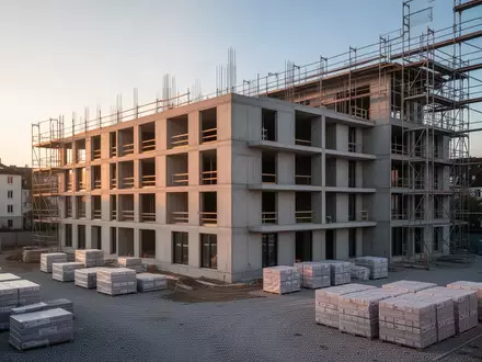 Rohbau eines modernen Wohngebäudes auf einer Baustelle bei Tagesanbruch - Foto: über boerse-global.de