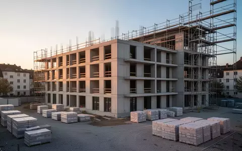 Rohbau eines modernen Wohngebäudes auf einer Baustelle bei Tagesanbruch - Foto: über boerse-global.de