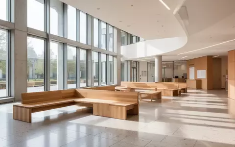 Heller, moderner Innenraum eines Frankfurter Sozialrathauses mit Holzbänken und natürlichem Lichteinfall. - Foto: über boerse-global.de