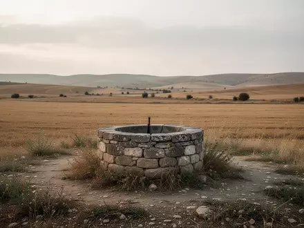 Ein alter, gemauerter Brunnen inmitten einer ländlichen, trockenen Hügellandschaft bei spätem Nachmittagslicht. - Foto: über boerse-global.de
