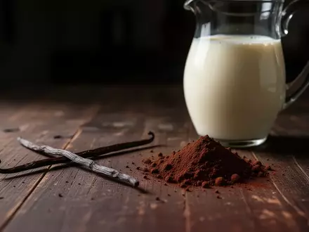 Nahaufnahme von natürlichen Zutaten wie einer Vanilleschote, Kakaopulver und einem Glas Milch auf einem Holztisch. - Foto: über boerse-global.de