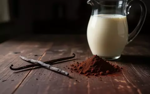 Nahaufnahme von natürlichen Zutaten wie einer Vanilleschote, Kakaopulver und einem Glas Milch auf einem Holztisch. - Foto: über boerse-global.de