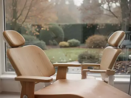 Ein minimalistischer, heller Behandlungsraum in einer Zahnarztpraxis mit Blick in einen herbstlichen Garten. - Foto: über boerse-global.de