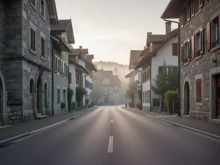 Eine leere, ruhige Wohnstraße in einer Schweizer Stadt bei Dämmerung mit historischer Architektur. - Foto: über boerse-global.de