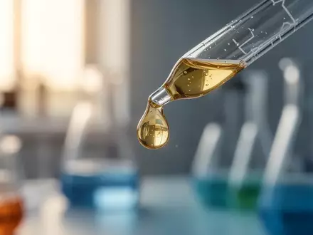 Ein goldener Öltropfen an einer Laborpipette in einer klinischen Umgebung. - Foto: über boerse-global.de