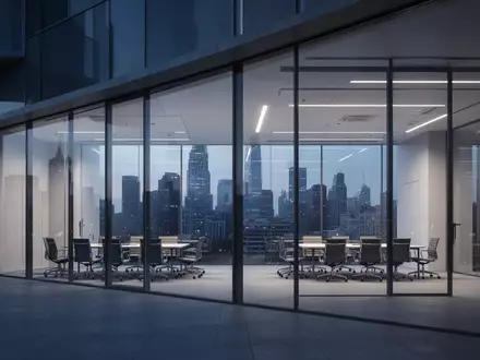 Ein modernes, minimalistisches Bürogebäude in der Abenddämmerung mit leeren, beleuchteten Konferenzräumen. - Foto: über boerse-global.de