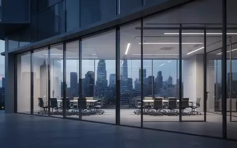 Ein modernes, minimalistisches Bürogebäude in der Abenddämmerung mit leeren, beleuchteten Konferenzräumen. - Foto: über boerse-global.de