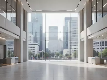 Modernes, minimalistisches Bankgebäude mit polierten Steinböden und großen Glasfronten bei natürlichem Tageslicht. - Foto: über boerse-global.de