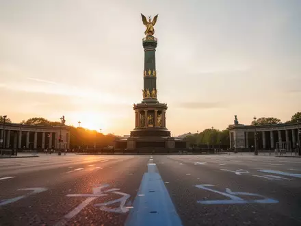Die Siegessäule in Berlin bei Sonnenuntergang an einer leeren Laufstrecke des Berlin-Marathons. - Foto: über boerse-global.de