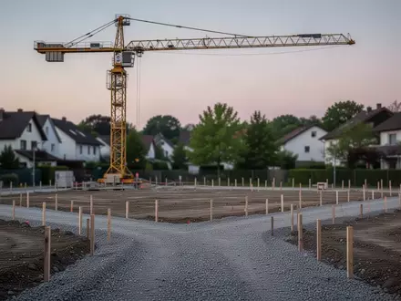 Eine Baustelle mit einem gelben Baukran in einem Wohngebiet in der Abenddämmerung. - Foto: über boerse-global.de